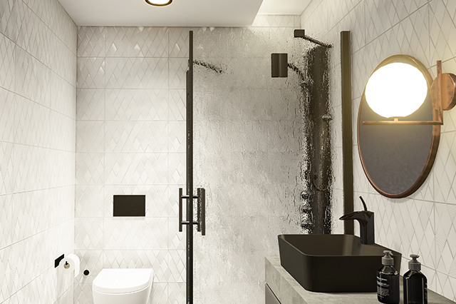 Modern luxury bathroom with glass shower, white patterned tiles, and black vessel sink.
