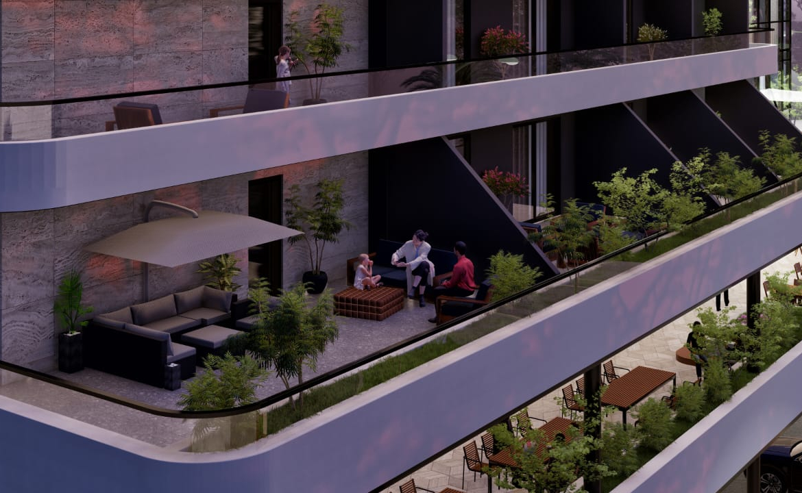 Stylish modern bathroom with walk-in shower, wall tiles, and wooden vanity